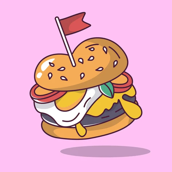 Hamburguesa Con Huevo Frito Mini Bandera Ilustración Dibujos Animados Estilo — Vector de stock