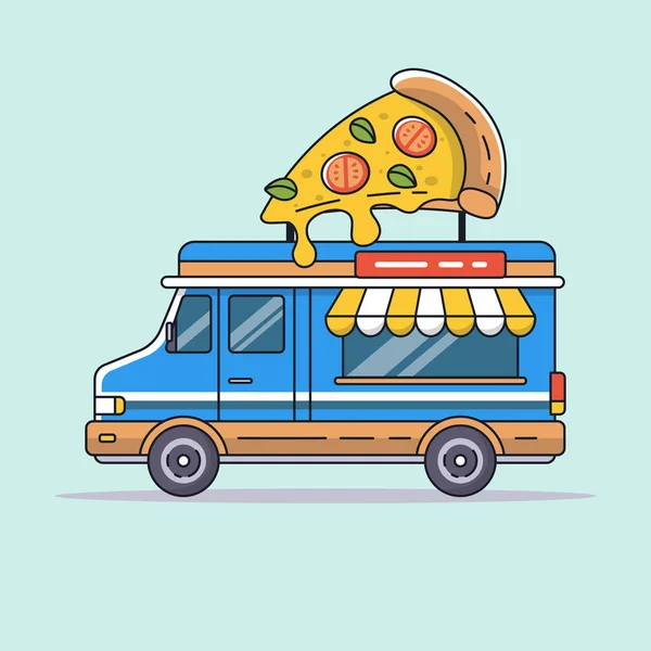 Mat Lastbil Med Mat Blå Van Säljer Pizza Vektor Illustration — Stock vektor
