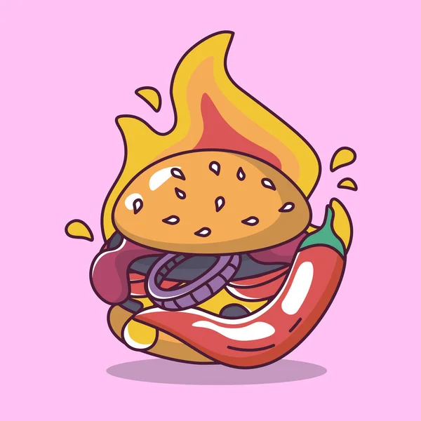 Burger Pikantne Chili Ogień Kreskówki Styl Ilustracji Wektor Ilustracji Ilustracja — Wektor stockowy