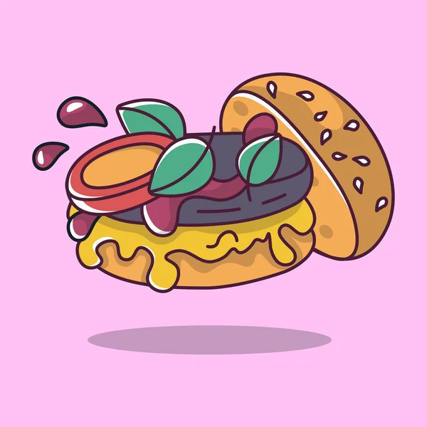 Burger Mit Käseketchup Und Grünen Cartoon Stil Illustration Vektor Illustration — Stockvektor