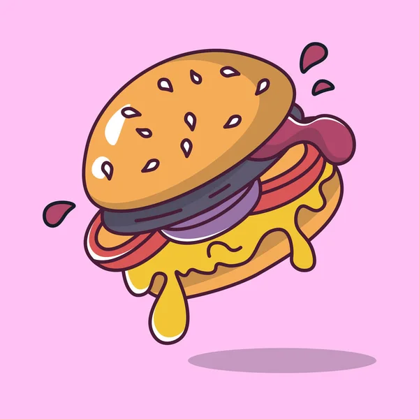 Burger Burger Keju Dengan Ilustrasi Vektor Gaya Kartun Keju Menetes - Stok Vektor