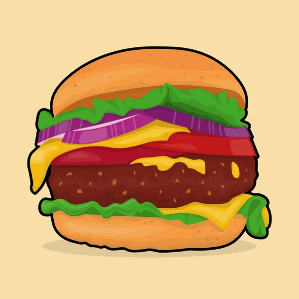 Gambar Warna Hamburger Dengan Daging Sapi Lezat Patty Keju Bawang - Stok Vektor
