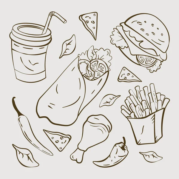 Jalan Makanan Sketsa Tangan Digambar Vektor Dan Burger Dalam Ilustrasi - Stok Vektor