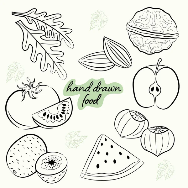 Ensemble Avec Des Images Croquis Noix Légumes Fruits Illustration Vectorielle — Image vectorielle