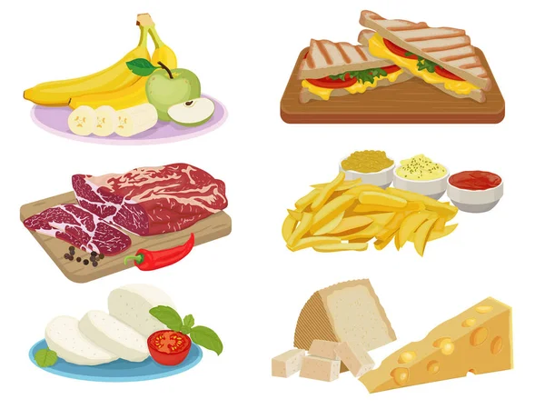 一组六幅色彩斑斓的图片 包括水果盘 意大利卷饼 三明治 意大利面和奶酪 矢量说明 — 图库矢量图片