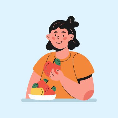 Çizgi film tarzında elma yiyen bir kız. Vektör illüstrasyonu