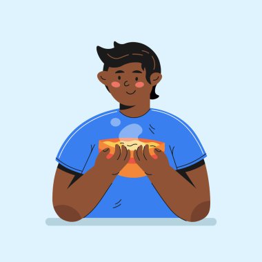 Çizgi film tarzında çorba yiyen adam. Vektör illüstrasyonu