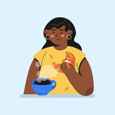 Kruvasan yiyen ve çizgi film tarzında kahve içen bir kız. Vektör illüstrasyonu