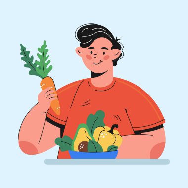 Çizgi film tarzında sebze yiyen adam. Vektör illüstrasyonu