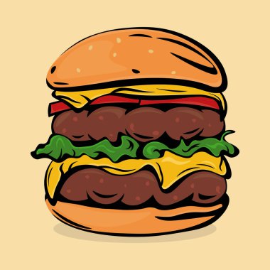 Çizgi filmdeki peynirli duble hamburger görüntüsü. Taze domates ve salata yaprakları. Vektör illüstrasyonu
