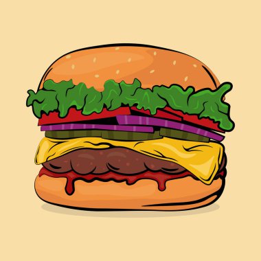 Barbekü soslu lezzetli hamburgerin vektör görüntüsü. Vektör illüstrasyonu