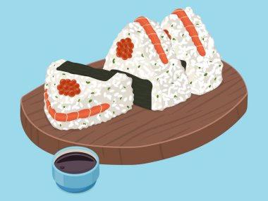 Somon, kırmızı havyar ve soya soslu onigiri seti. Vektör illüstrasyonu