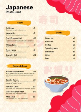 Japon mutfağının menüsünün resmi. Vektör illüstrasyonu