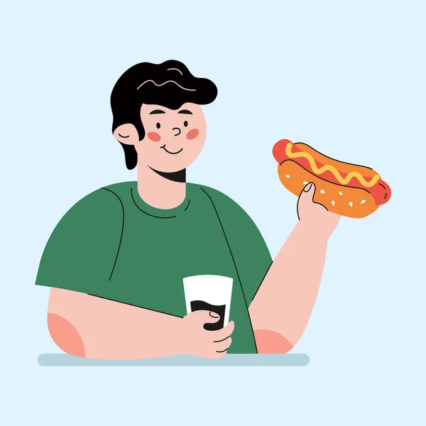 Chico Come Hot Dog Con Cola Personaje Estilo Dibujos Animados — Vector de stock
