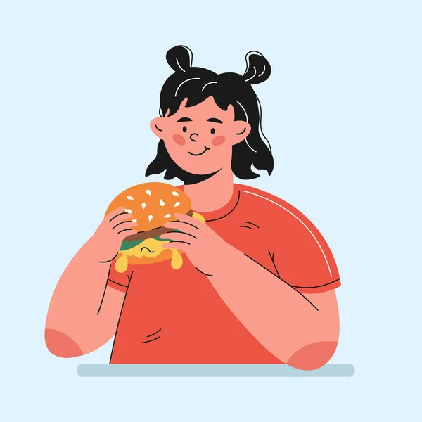 Chica Comiendo Hamburguesa Personaje Estilo Dibujos Animados Ilustración Vectorial — Vector de stock