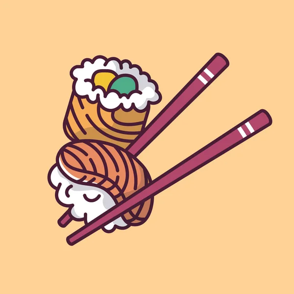 亚洲菜寿司和筷子卡通风格 矢量说明 — 图库矢量图片