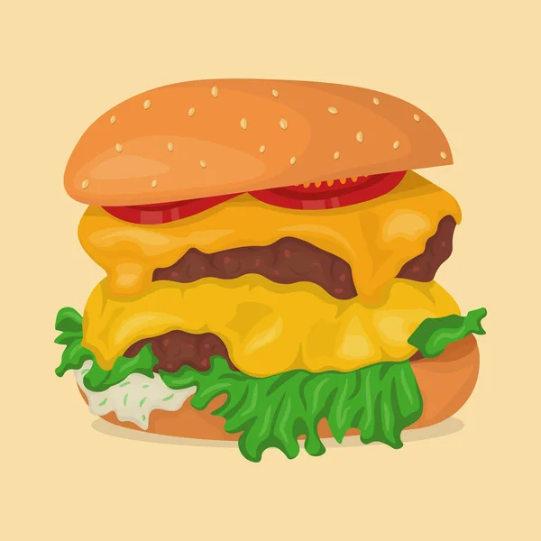 Gambar Double Cheeseburger Dengan Tomat Daun Salad Dan Saus Bawang - Stok Vektor