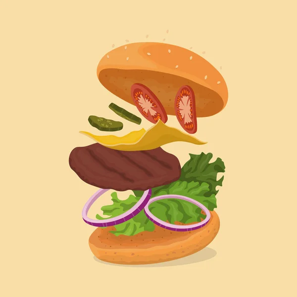 Gambar Warna Hamburger Dengan Bahan Yang Lezat Ilustrasi Vektor - Stok Vektor