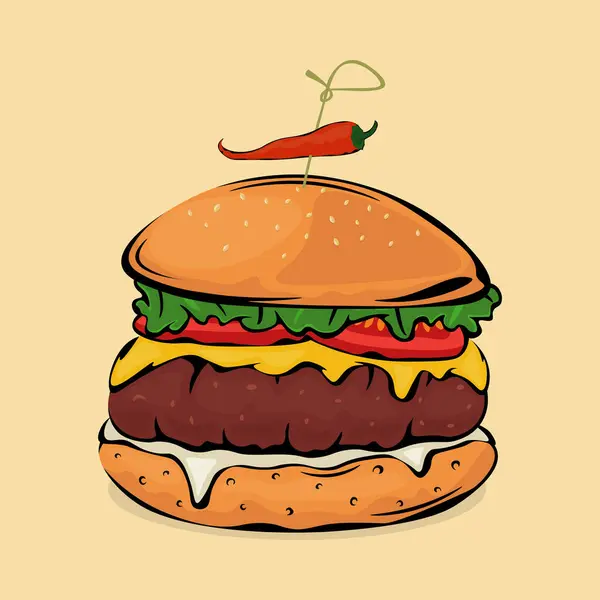 Gambar Burger Lezat Dengan Lada Cabai Ilustrasi Vektor - Stok Vektor
