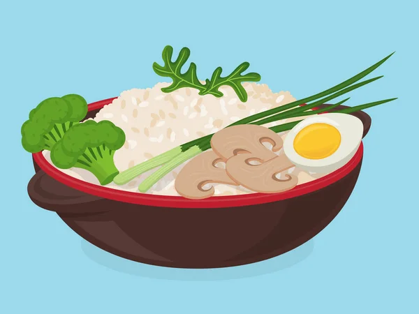 一碗米饭 配上花椰菜 红景菜 煮熟的鸡蛋和青葱 矢量说明 — 图库矢量图片