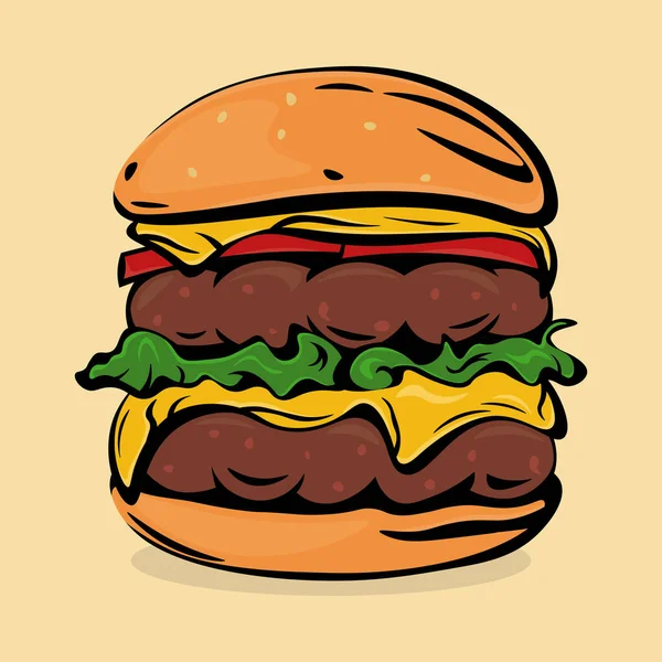 Bild Von Cartoon Doppelhamburger Mit Käse Frische Tomaten Und Salatblätter — Stockvektor
