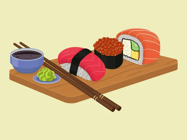 Sushi Conjunto Com Molho Soja Wasabi Ilustração Vetorial — Vetor de Stock