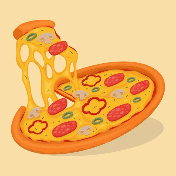 Bild Välsmakande Pizza Med Salami Och Stretching Ost Vektorillustration — Stock vektor