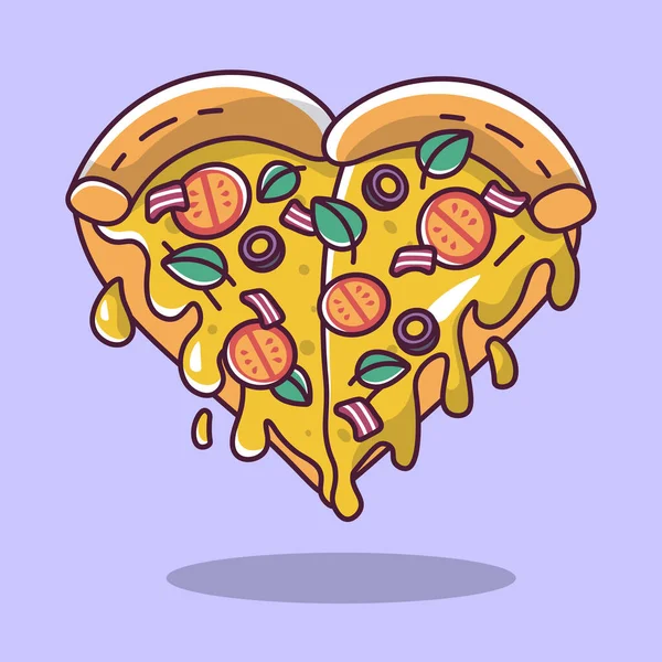 Två Hjärtformade Pizza Skivor Med Tomater Och Oliver Tecknad Stil — Stock vektor