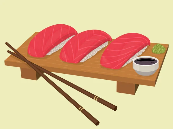 stock vector tasty tuna sushi with soy sauce and wasabi. Vector illustration