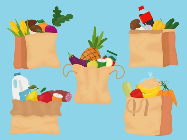 一套五彩斑斓的包装与水果 蔬菜和其他食物 矢量说明 — 图库矢量图片