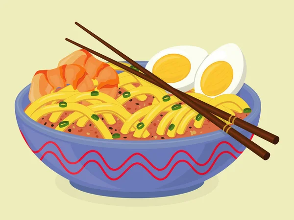 Σούπα Νουντλς Τηγανητές Γαρίδες Βραστά Αυγά Και Πράσινο Κρεμμύδι Εικονογράφηση — Διανυσματικό Αρχείο