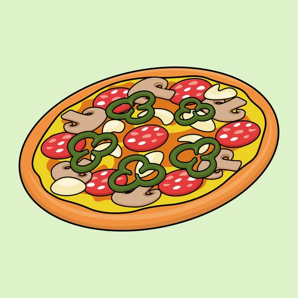Salamlı Mantarlı Yeşil Biberli Mozzarellalı Çizgi Film Pizzası Vektör Illüstrasyonu — Stok Vektör