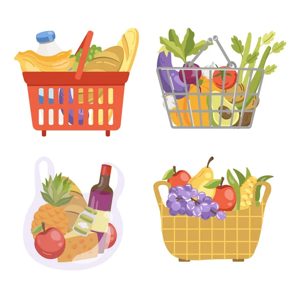 带有蔬菜和水果的购物篮的病媒图解 矢量说明 — 图库矢量图片