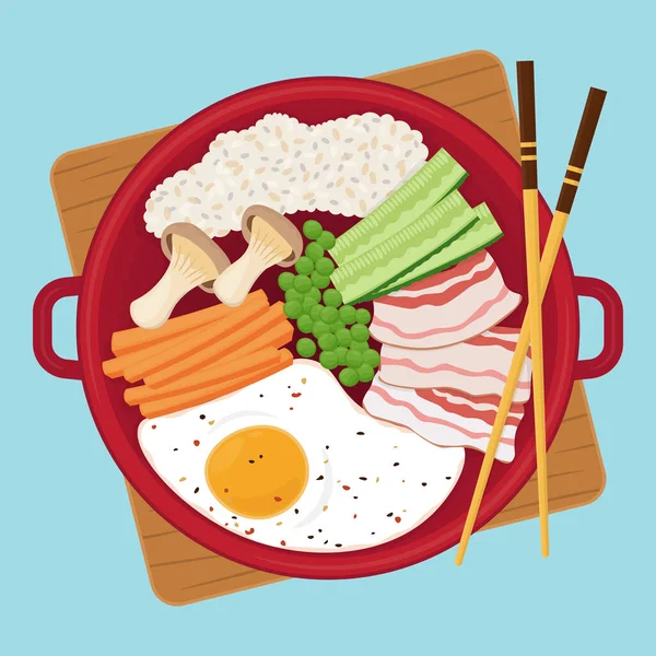 Asiatiskt Kokt Ris Med Stekt Ägg Bacon Och Grönsaker Vektorillustration — Stock vektor