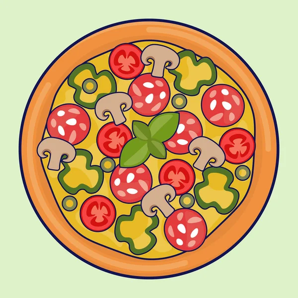 Pizza Med Salami Tomater Svamp Och Paprika Vektorillustration — Stock vektor