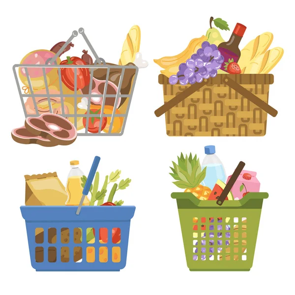 各种带有食品杂货 果篮的购物篮的病媒说明 矢量说明 — 图库矢量图片