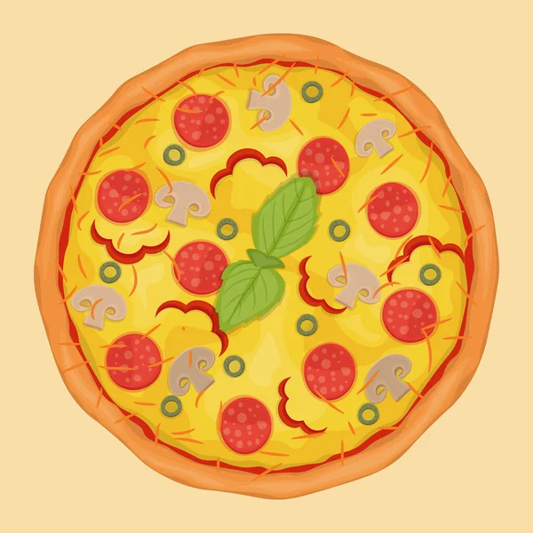 Pizza Med Salami Svamp Paprika Oliver Och Ost Vektorillustration — Stock vektor