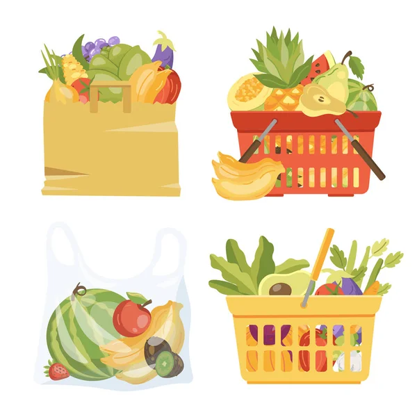 各种食品篮 健康食品 蔬菜和水果的病媒图解 矢量说明 — 图库矢量图片