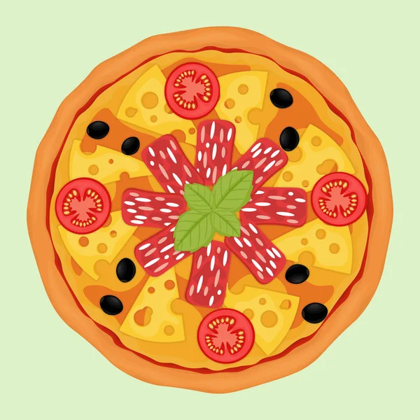 Pizza Mit Oliven Maasdamkäse Tomaten Und Salami Vektorillustration — Stockvektor