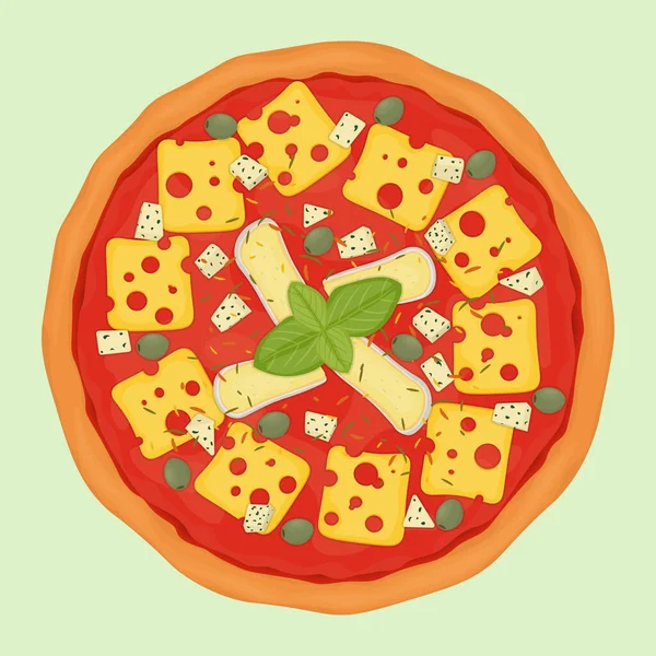 Pizza Con Aceitunas Verdes Maasdam Queso Azul Queso Brie Ilustración — Vector de stock