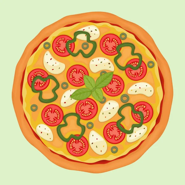 Pizza Com Tomate Fresco Páprica Verde Queijo Feta Azeitonas Ilustração —  Vetores de Stock