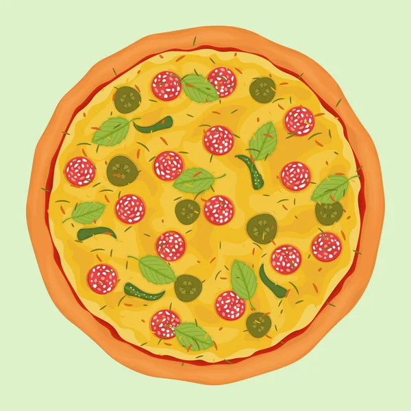Pepperonipizza Med Mycket Salami Chilipeppar Pickles Ost Och Basilika Vektorillustration — Stock vektor