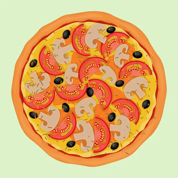 Gemüsepizza Mit Frischen Tomaten Pilzen Und Schwarzen Oliven Vektorillustration — Stockvektor