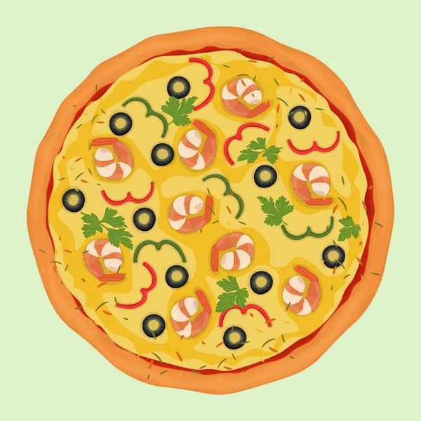 有虾仁 黑橄榄 红辣椒和欧芹叶的美味披萨 矢量说明 — 图库矢量图片