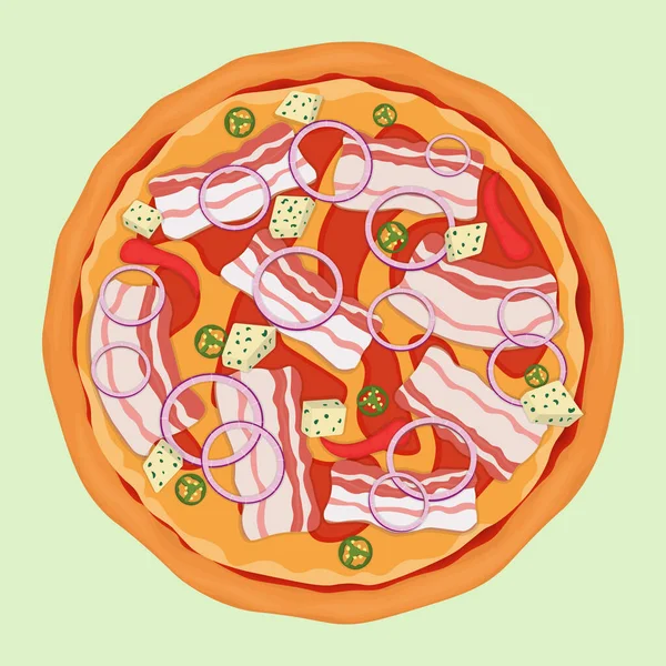 Pizza Med Bacon Blåmögelost Chilipeppar Och Rödlök Vektorillustration — Stock vektor