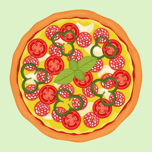 Pizza Med Salami Mozzarella Paprika Och Färska Tomater Vektorillustration — Stock vektor