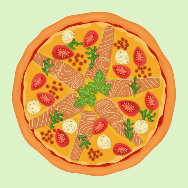 Somon Kırmızı Havyar Roka Domates Krem Peynirli Lezzetli Pizza Vektör — Stok Vektör