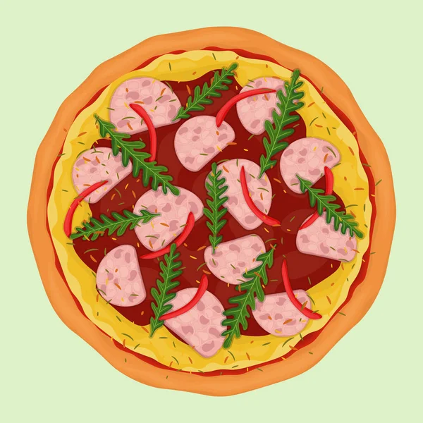Pizza Mit Schinken Käse Paprika Und Rucola Vektorillustration — Stockvektor