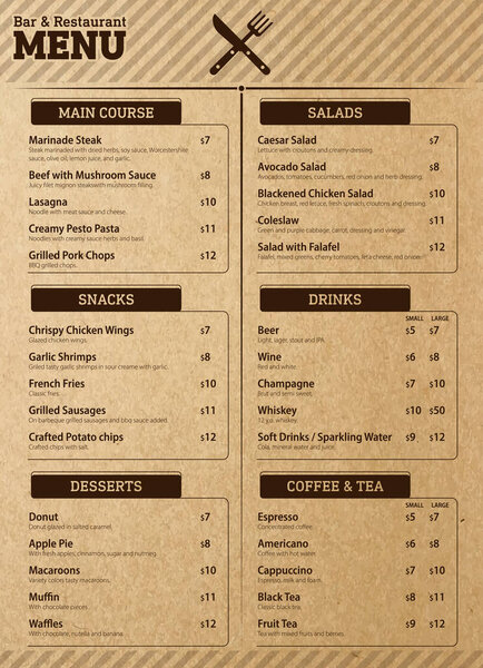 Меню баров и ресторанов на бумаге. Векторная иллюстрация