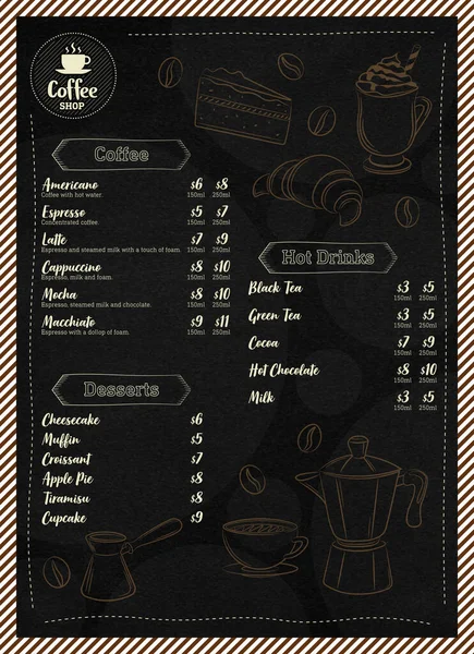 Menu Kawiarni Ręcznie Rysowanymi Elementami Ilustracja Wektora — Wektor stockowy
